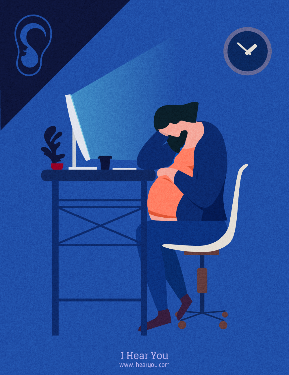 a campain poster about a pregnant woman who looks very tired is working at night