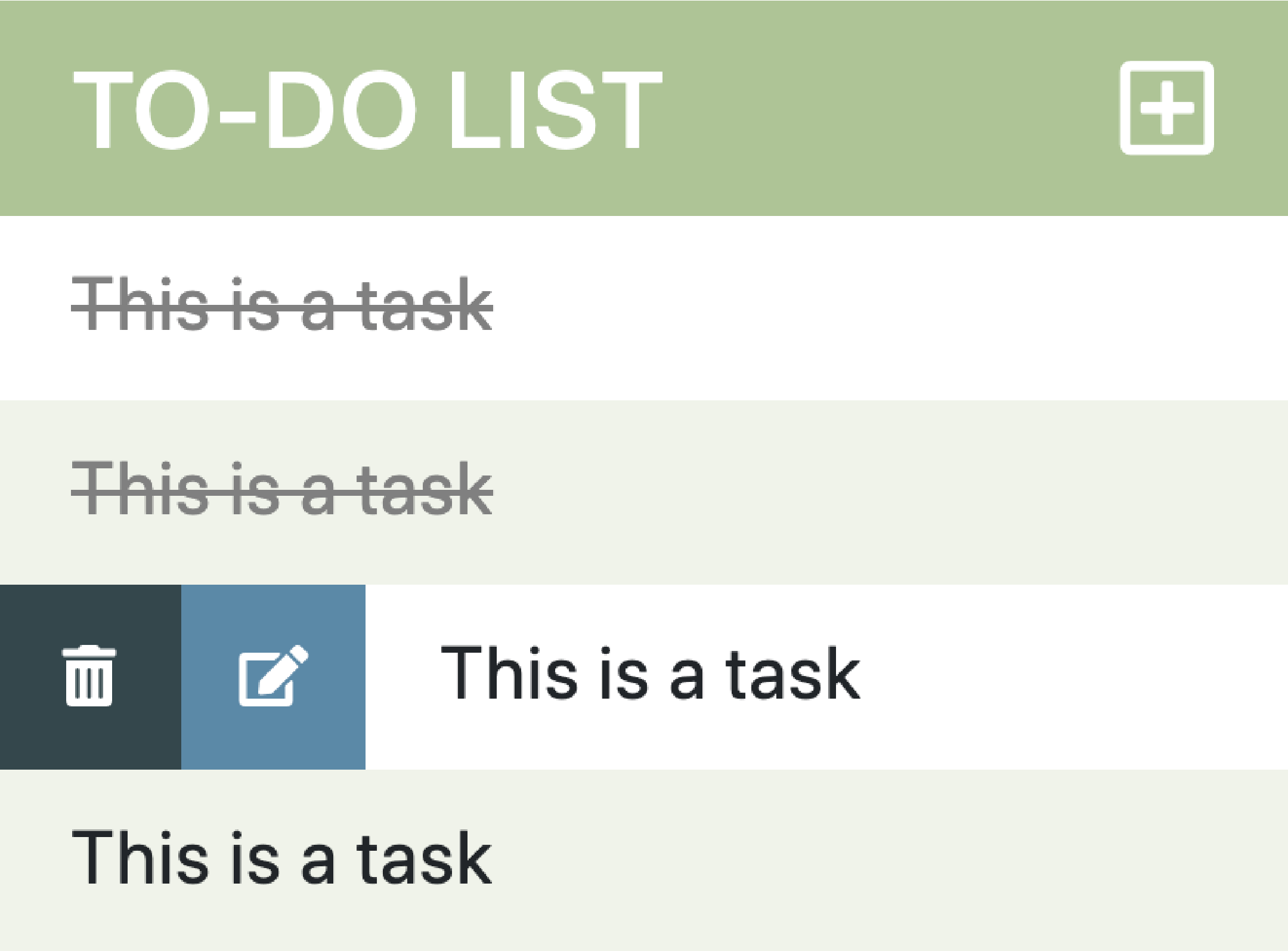 TO-DO LIST screenshot with marked tasks and delete and edit buttons showing up